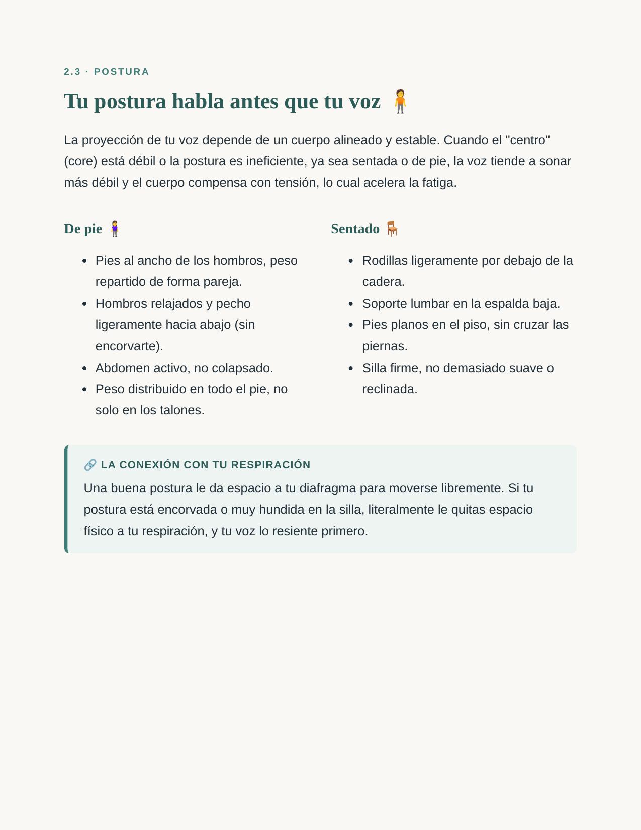 Página sobre postura corporal y su conexión con la respiración